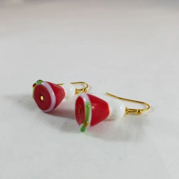 Hand Crafted Earrings Santa Hat Red White Green Pierced Dangle - Picture 3 of 5